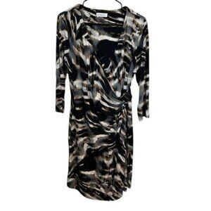 Calvin‎ Klein Dress Abstract Print 3/4 Sleeve Sheath Career Black Gray Sz Med